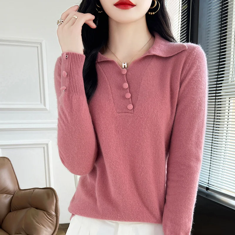 A Must-Have for the Year of Birth ~ 2025 Red 100 Pure Wool Sweater Women's Lapel Loose Knitted Sweater Comfortable Inner Wear