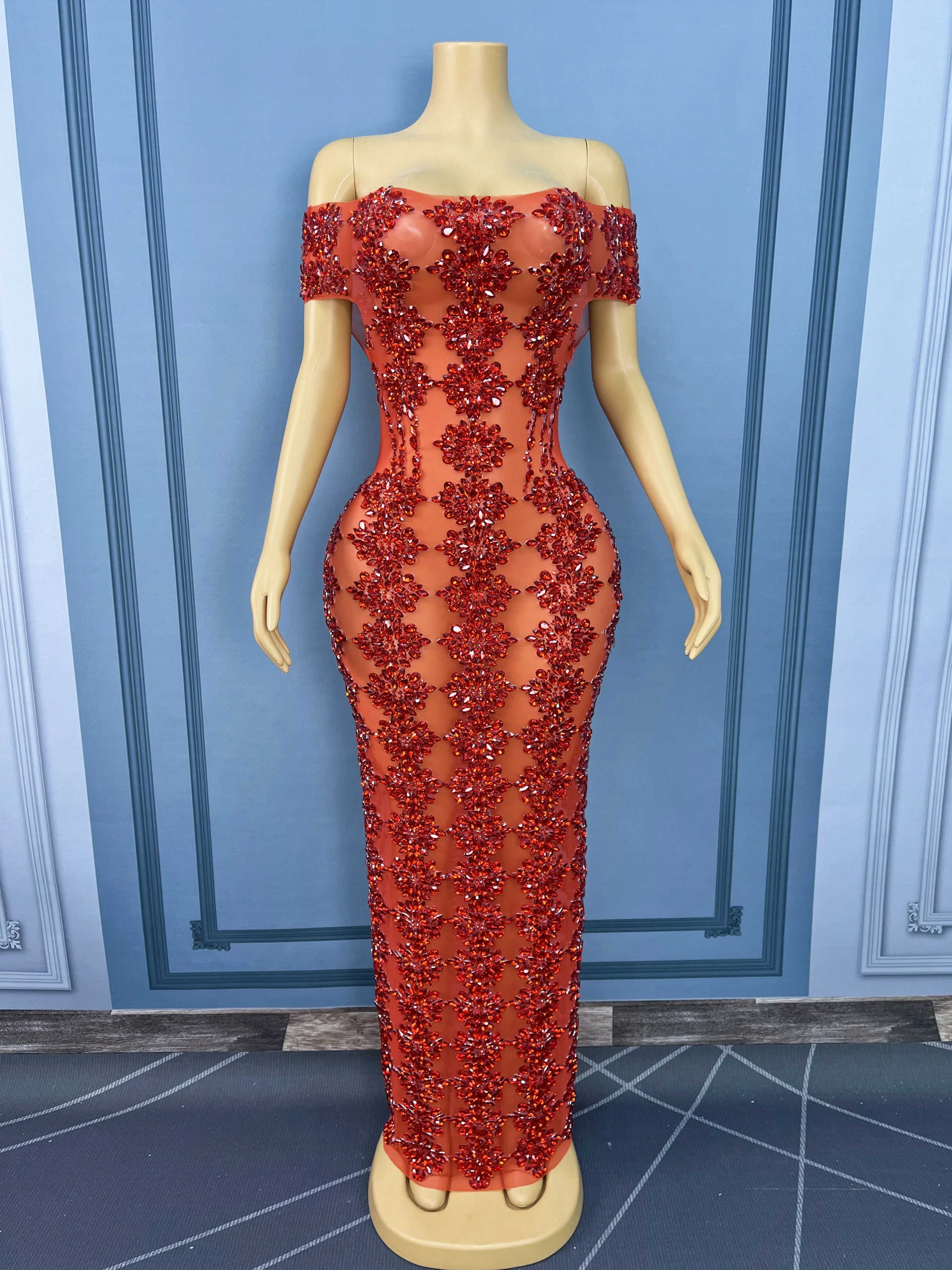 High Quality Elegant Off Shoulder Gown Twinkling Rhinestones Mesh Dress Evening Party Celebrate Red carpet Stage Outfit Yuebing