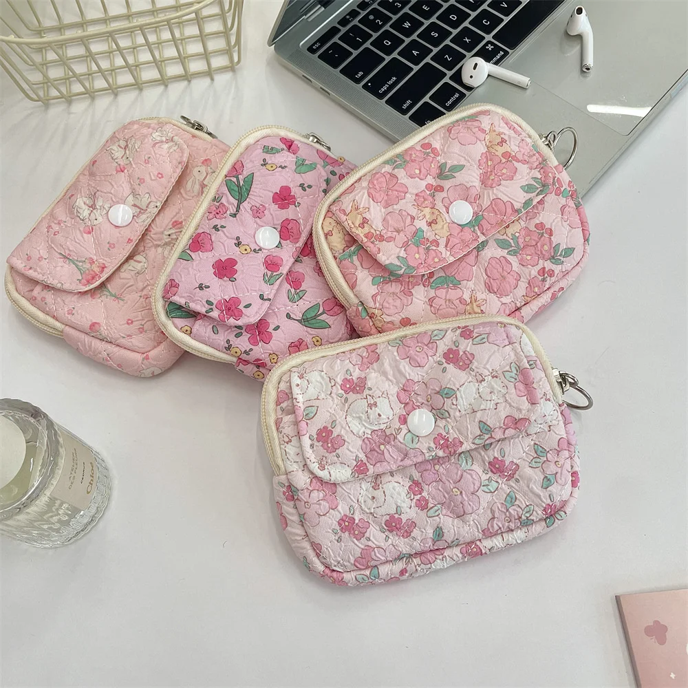 Cute Cartoon Floral Quilting Coin Purse Mini Card Holder Double Layer Storage Bag Women Makeup Lipstick Bags Jewelry Packing Bag