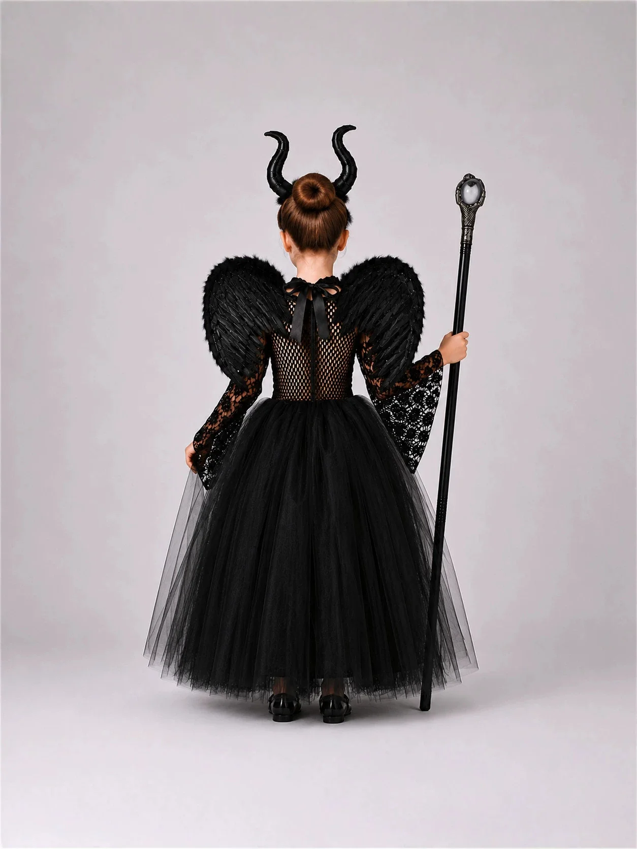 Mädchen Kostüm Dunkle Gefallene Engel-Königin, Spitzen-Tüllkleid, Horn-Stirnband, Federflügel, Zepter, Halloween-Karneval-Kinder-Cosplay-Outfit – Detail 12