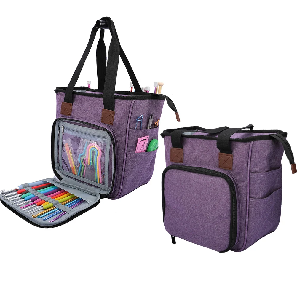 

Purple Woolen Yarn Organizer Storage Bag Large Capacity Multi-Compartment Shoulder Tote for Crochet Knitting Craft Supplies