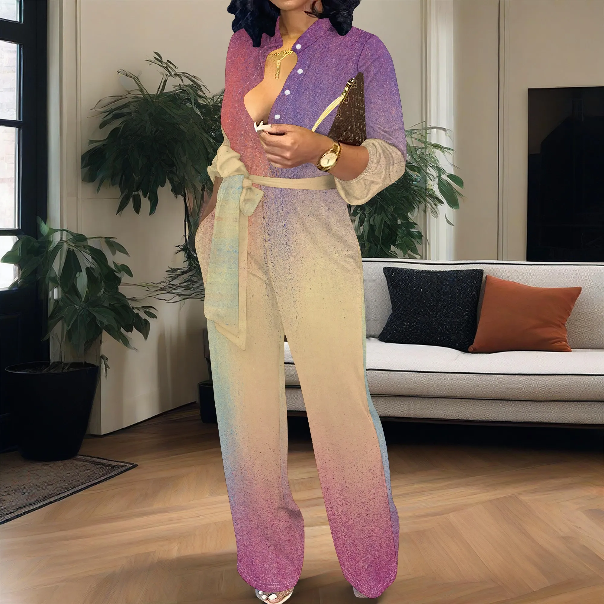 Women’s Long Sleeve Jumpsuit Ombre Gradient Color Belted Waist Wide Leg Elegant Casual Romper