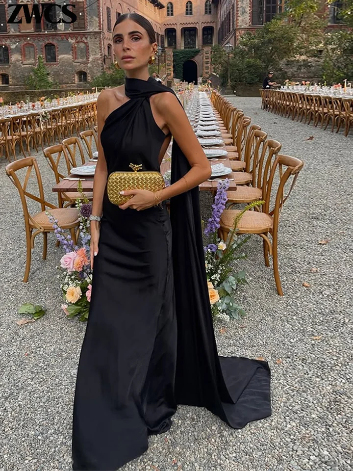Vestido de fiesta elegante con lazo de satén y cuello halter para mujer, sexy de espalda descubierta, sin mangas, sin hombros, bata, nuevo verano 2026, vestido de noche para dama 2