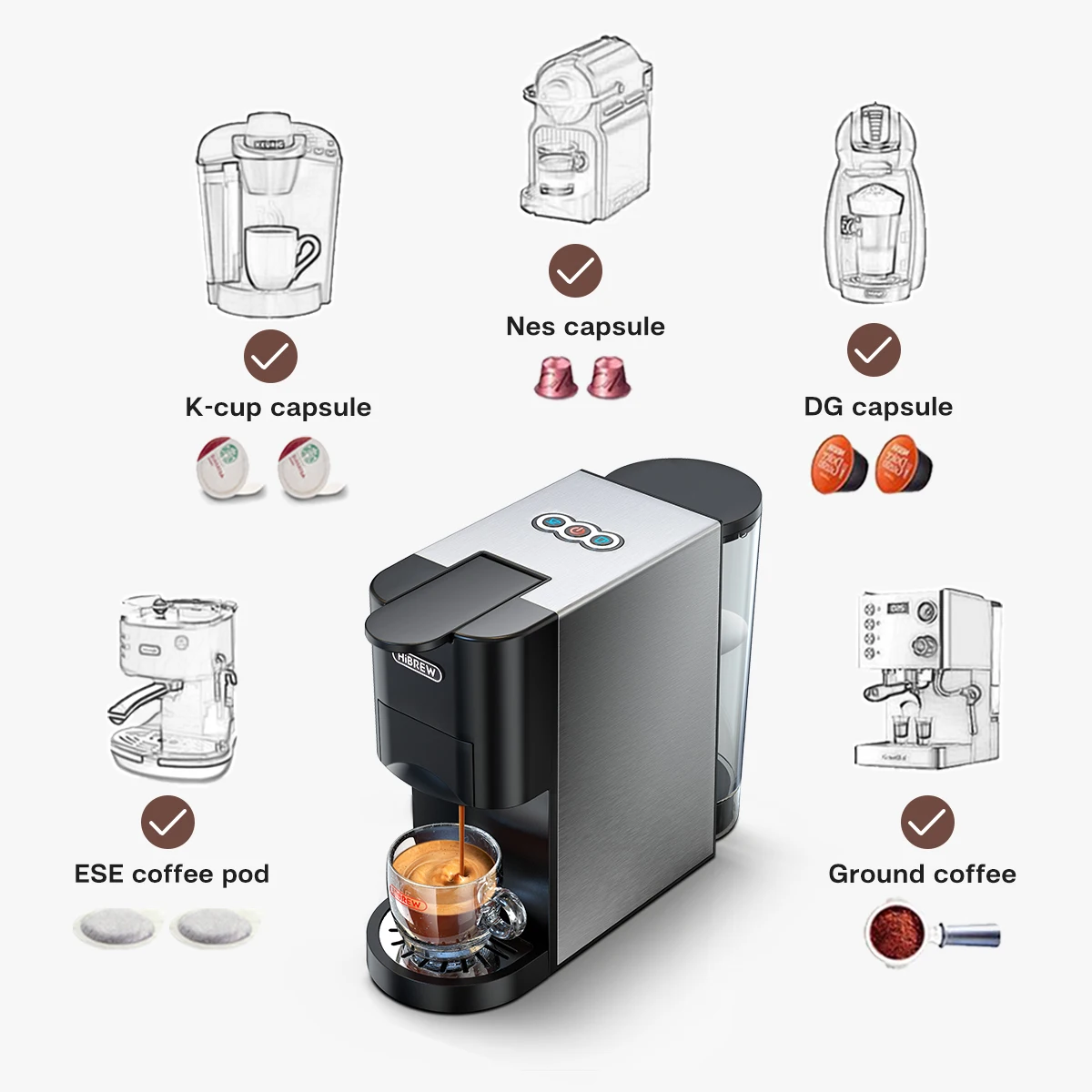 HiBREW Coffee Machine Cafetera Hot/Cold 5in1 Multiple 19Bar Dolce Gusto Milk&Nexpresso Capsule ESE pod Ground Coffee H3A