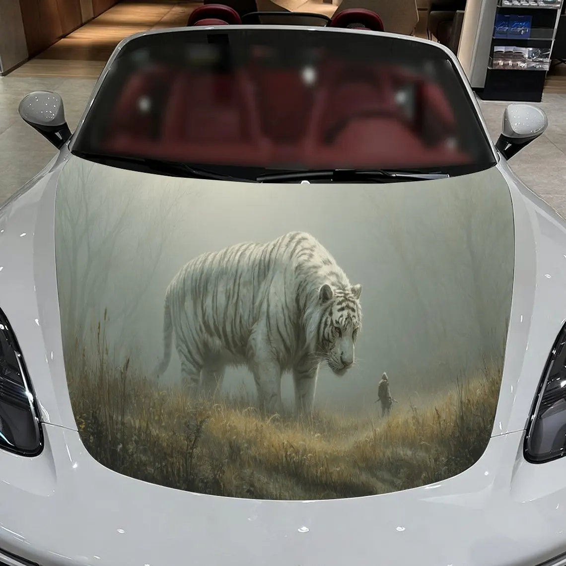 

Car Decals A White Tiger In Misty, Atmospheric Landscape With Subtle Greenery Car Hood Sticker, Waterproof Self - Adhesive Vinyl