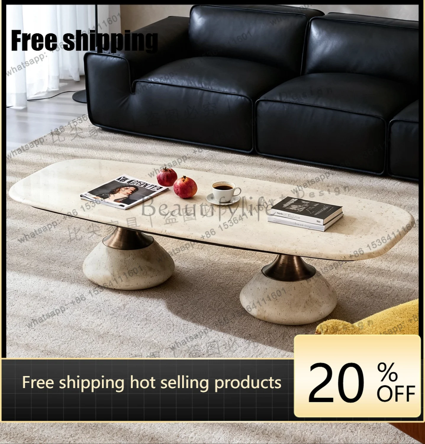 Minimalist natural luxury stone tea table, Jade Rabbit leather craftsmanship, high-end large flat villa designer