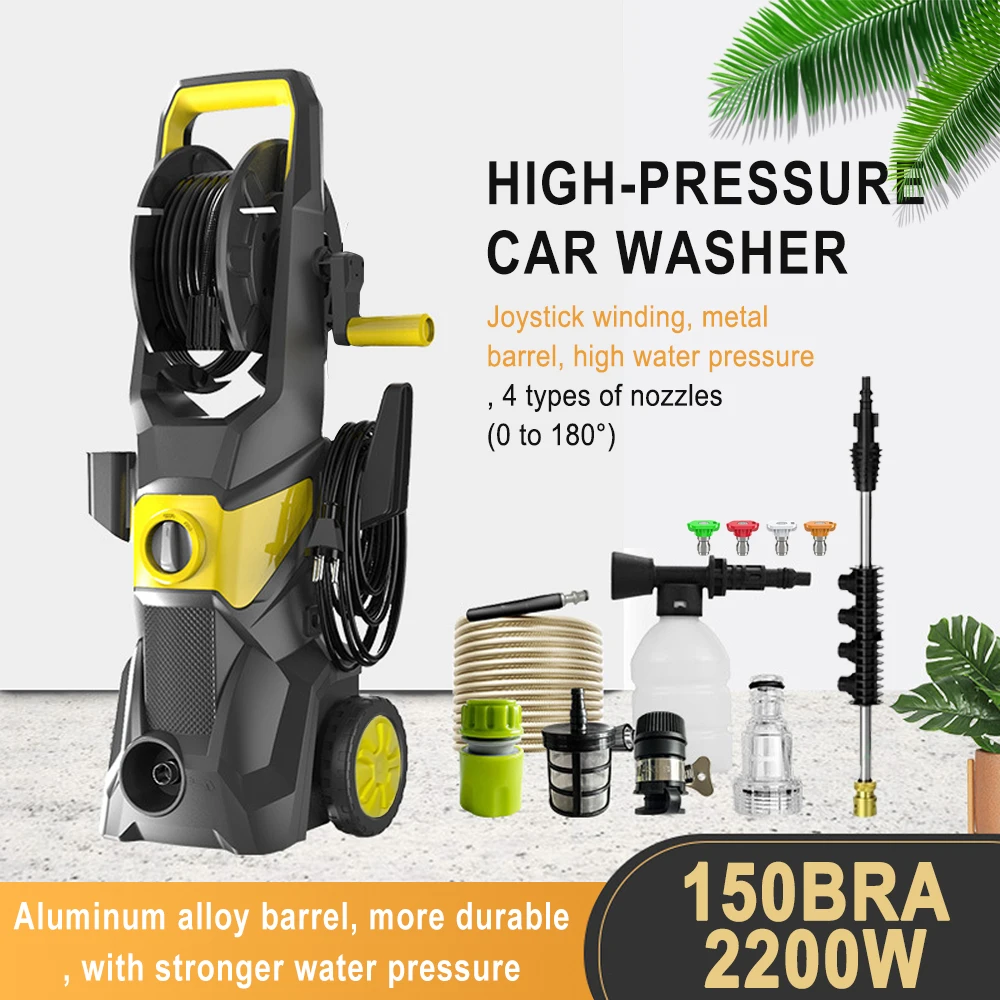 Nettoyeur haute pression électrique 2200W 150Bra avec 4 buses à connexion rapide de 0 à 180° ° Tuyau flexible de 10 m, pour terrasses, jardins, voitures