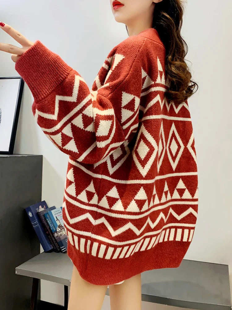 موضة جديدة الهندسة الطباعة محبوك Caridgan معطف الخريف الشتاء عادية فضفاض النساء البلوزات مكتب سيدة محبوك الملابس