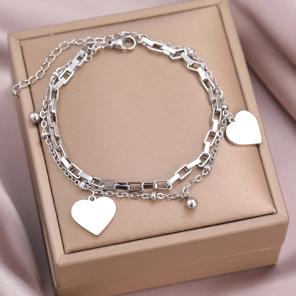 1PC Women's Fashion DIY Double layer Stainless Steel Love Pendant Bracelet Bracelet Date Travel Banquet Party Dressing Gift image 5