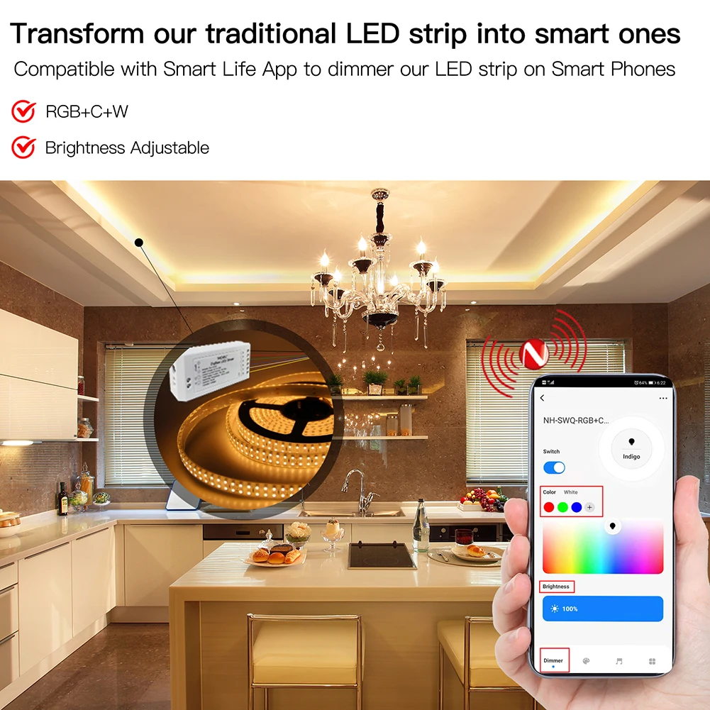 Moes ZigBee LED Light Strip RGB CCT Dimmer Music Sync LED Tuya Smart App Control with Alexa Google Smartthings Remote Control