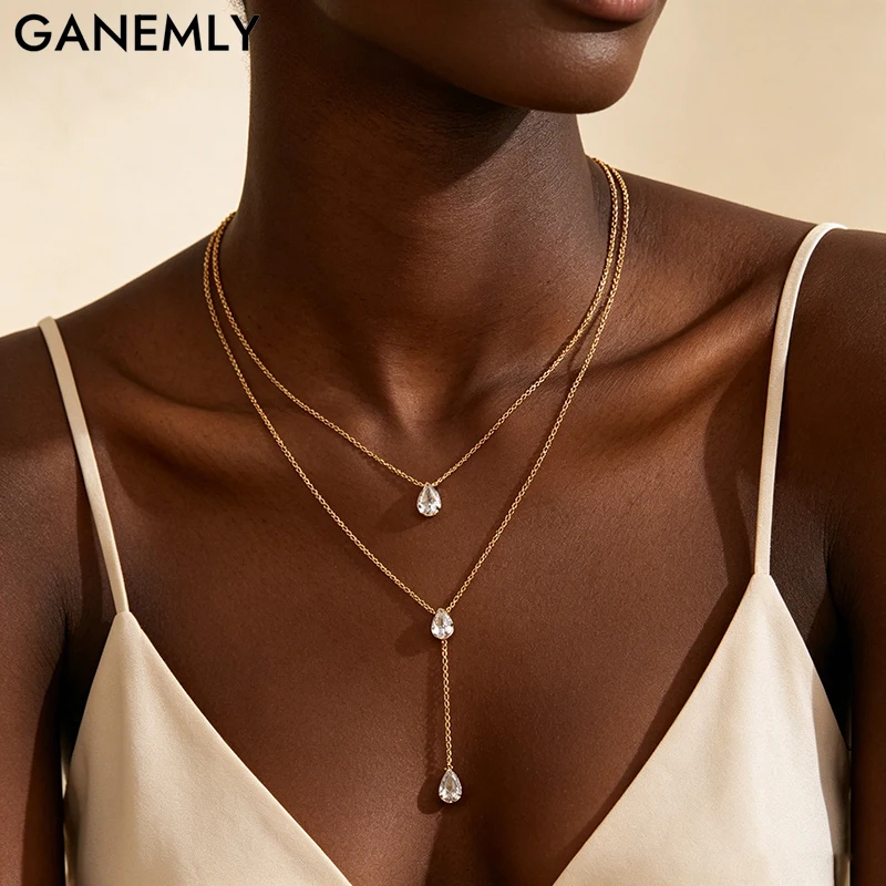 GANEMLY 316L Edelstahl, schicke, tropfenförmige, lange Halskette mit Zirkon für Damen, mehrschichtige Kette, wasserdicht, Alltagsschmuck, Bijoux-Geschenk
