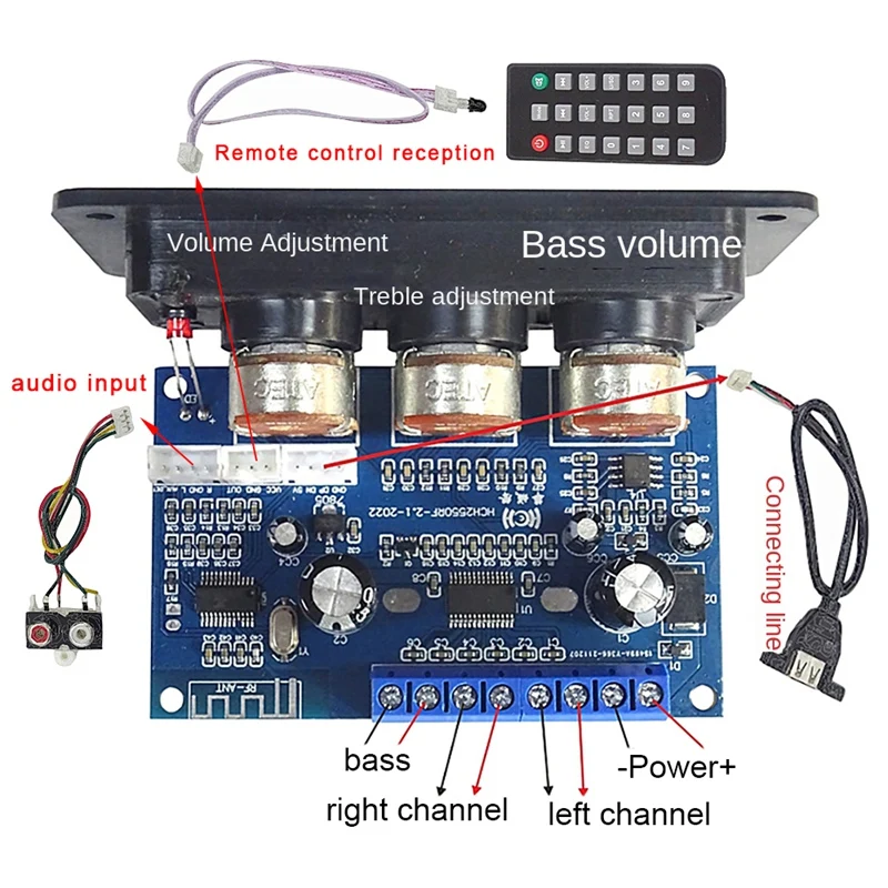

2,1 каналов 2X25 Вт + 50 Вт BT5.0 Стандартная плата усилителя сабвуфера Hi-Fi Плата усилителя мощности AUX Line + USB кабель + пульт дистанционного управления