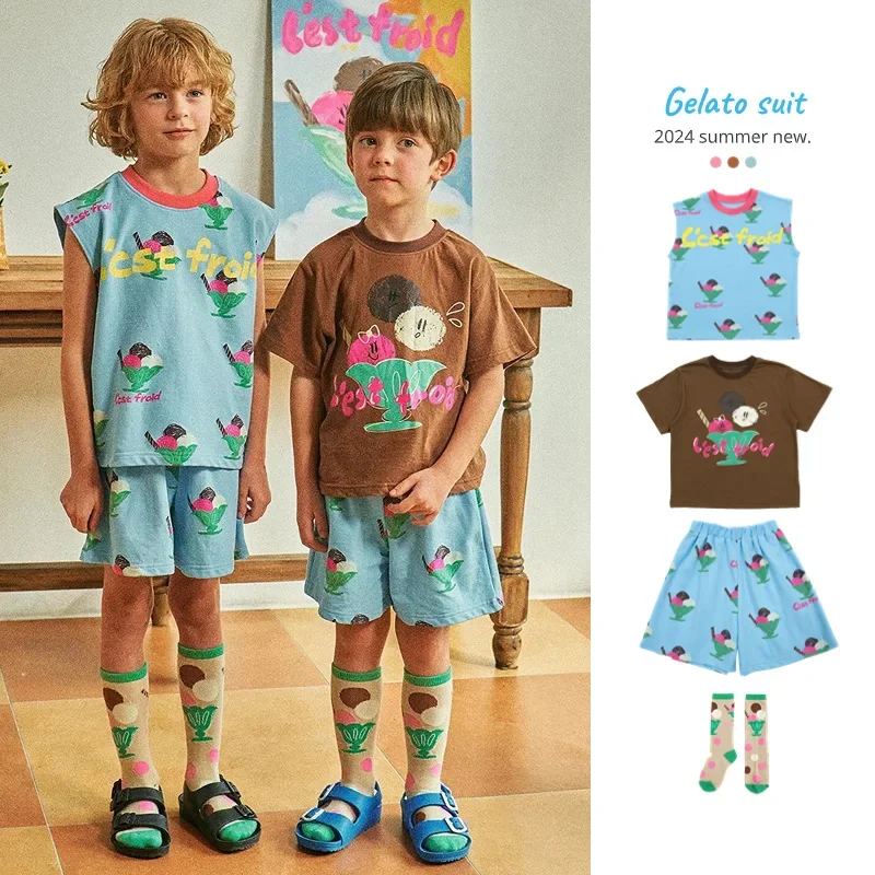 

BEBEBEBE Spot 2024 New Spring and Summer Children's Clothing cotton cute Korean T-shirt shorts suit Casual Short-sleeved dress