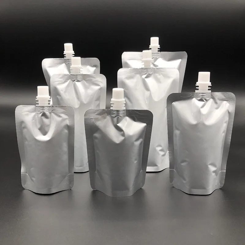100pcs Aluminum Foil Liquid Package Nozzle Bags Juice Beverage Milk Sealed Stand Up Storage Reusable Pouch 100ML~500ML
