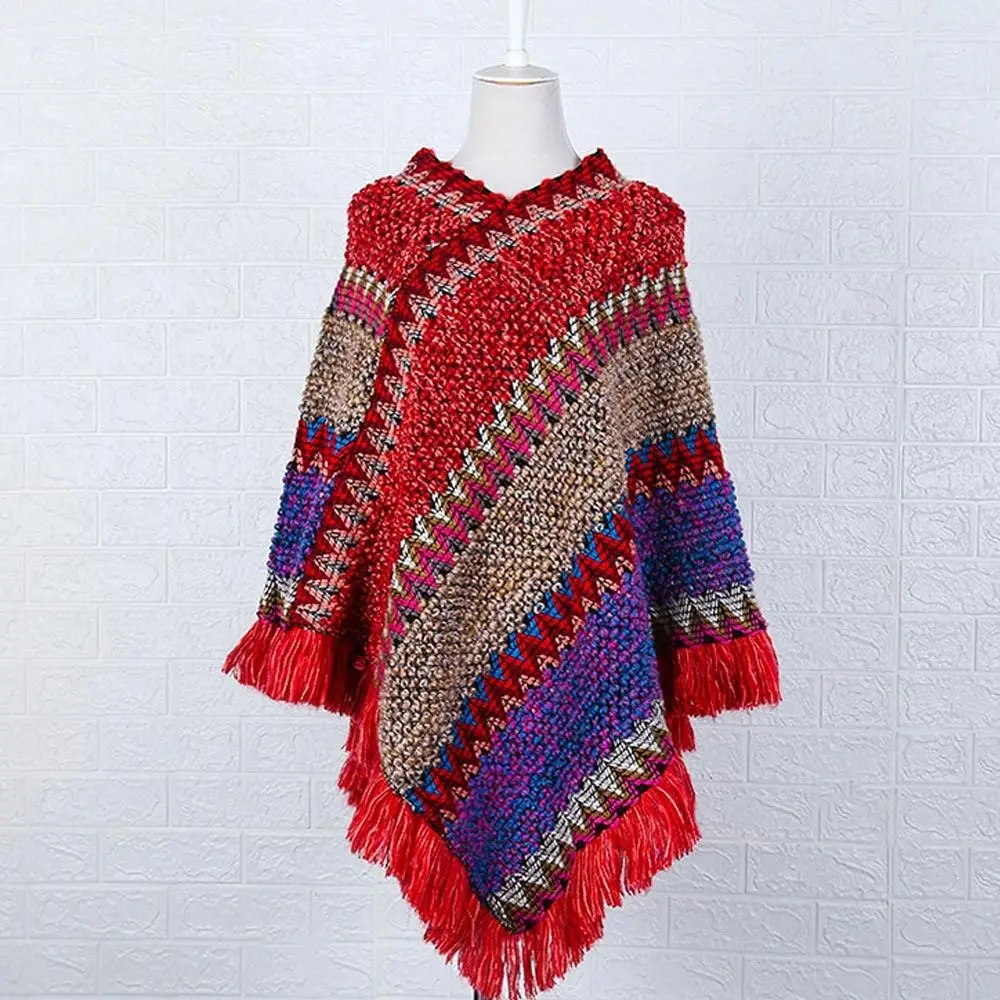 Soft Winter Warm Mongolian Poncho Ethnic Style Striped Pullover Tassel Shawl Polyester Knitting Wraps Women Fashion