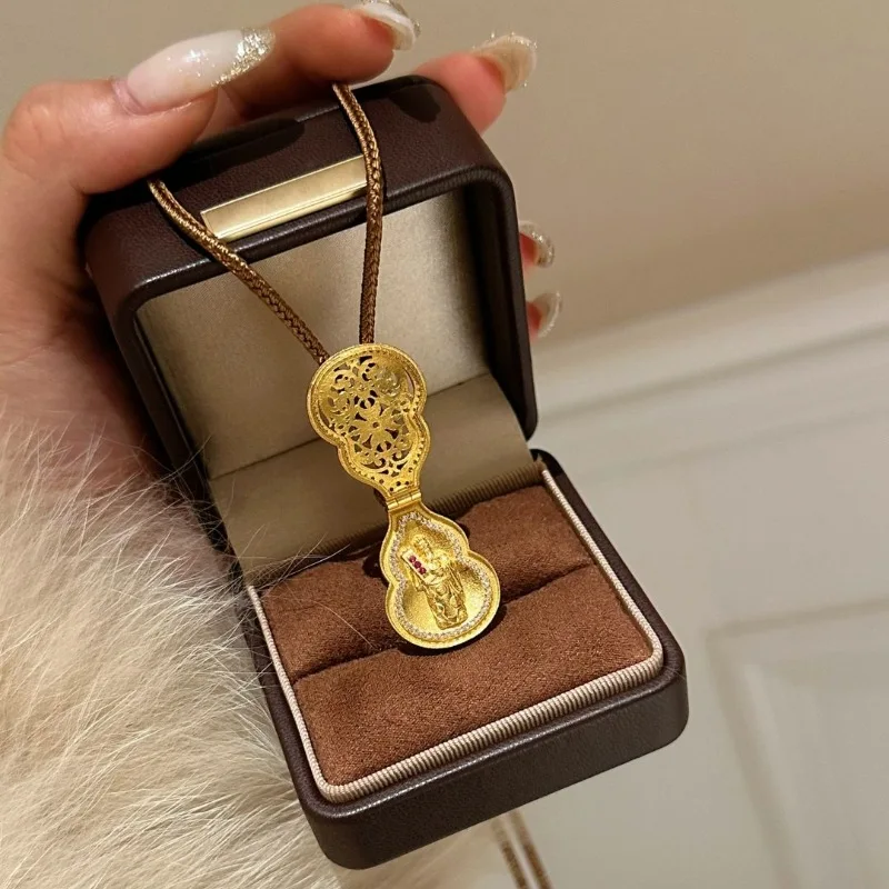 Retro ethnic style double-sided gourd woven rope necklace  openable Buddha statue antique gold crafts hollow out pendant jewelry view 5