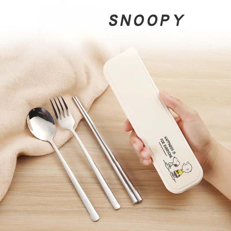 

New Snoopy Tableware Set Anime Cute Baby Meal Metal Spoon Fork Chopsticks Kawaii Kids Cartoon Tableware Children Gift