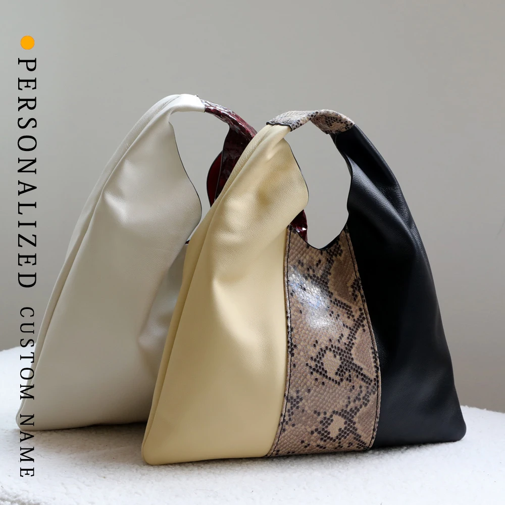 Unique Design Goatskin Bag Triangular Shape Snake Print Contrast Color Handheld Purse Simple Stylish Crossbody Tote woman bag