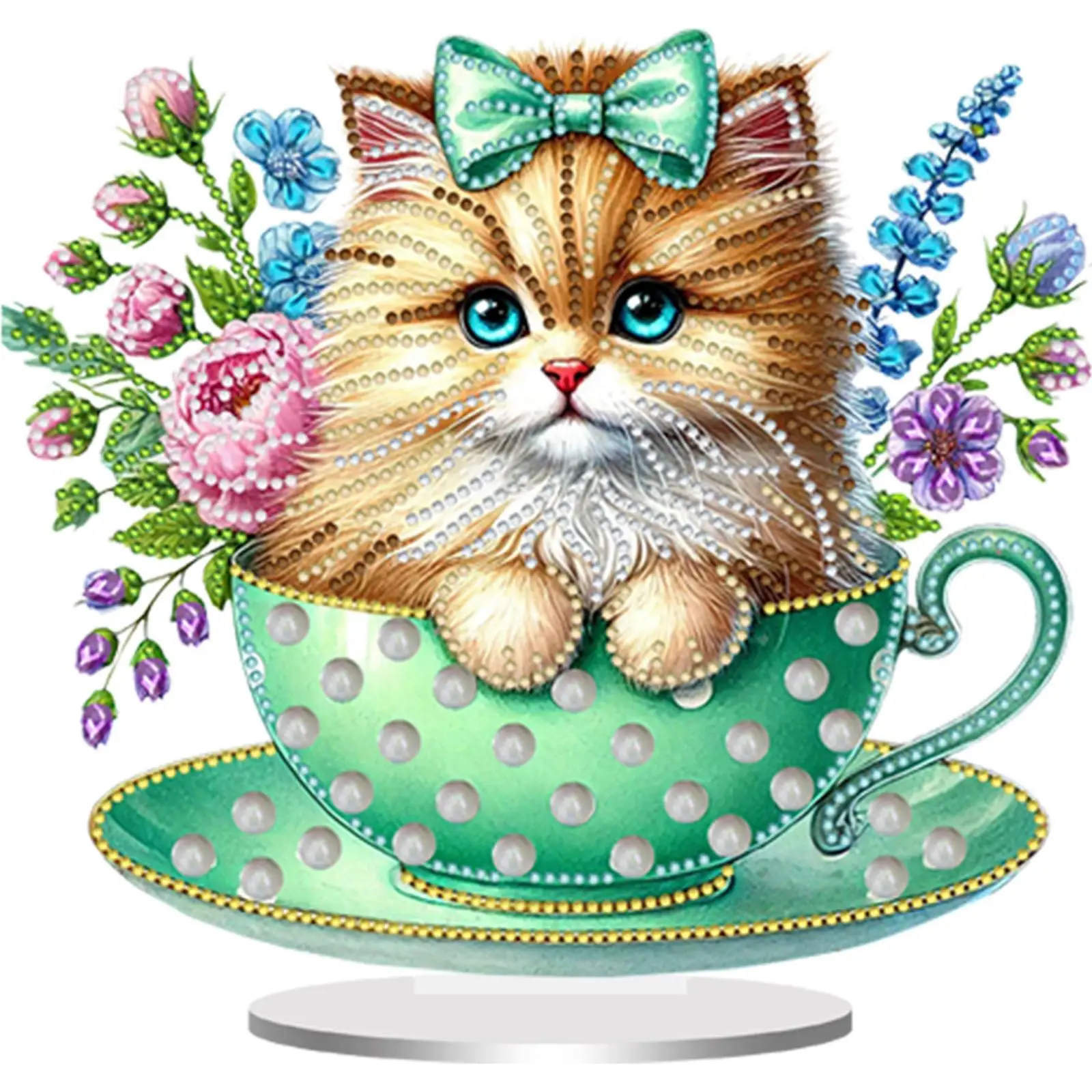 Decoración de Escritorio con Pintura de Diamantes DIY de Gato en Taza de Té, Impresión Plana 2D