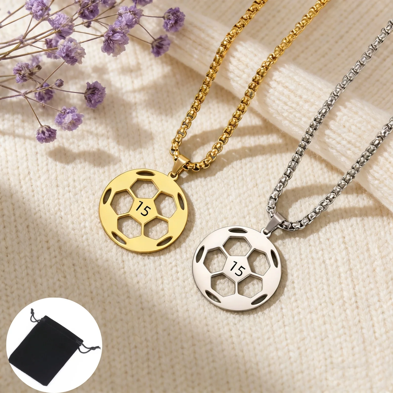 Customized number letter men's football necklace stainless steel fashion hip-hop sports football box chain necklace gift