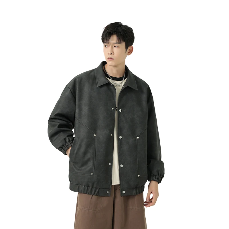 

Loose Fit Men's Leather Jaet Single Button Stand Collar Youth Trendy Brand Fall Winter New Sle Polyester Fiber Casual Coat