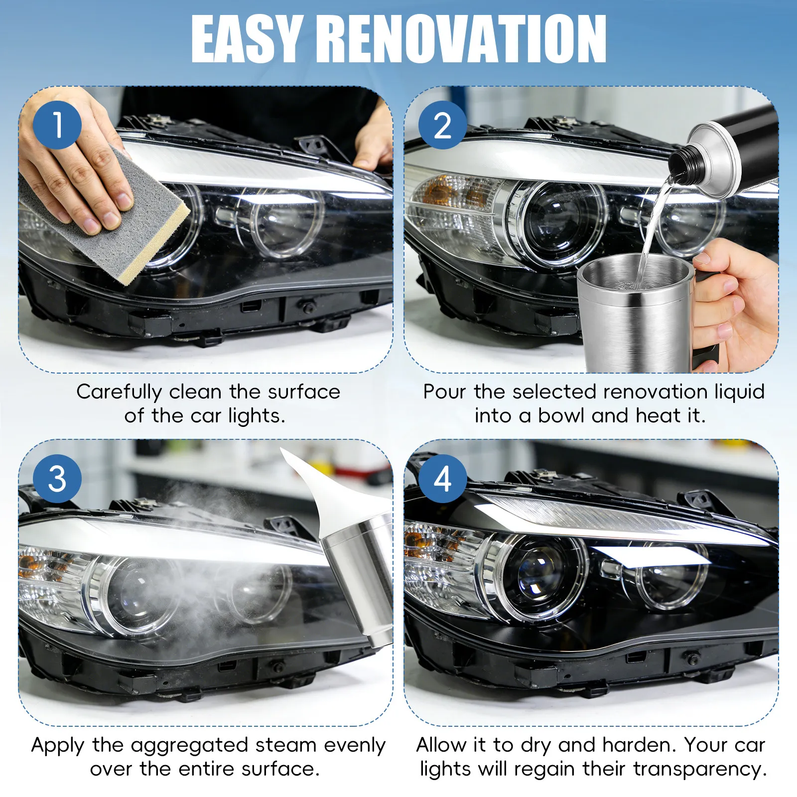 Car Headlight Restoration Kit Polishing Scratch Repair Coating Tool Set Complete Cup Charger Power Adapter Eu Plug
