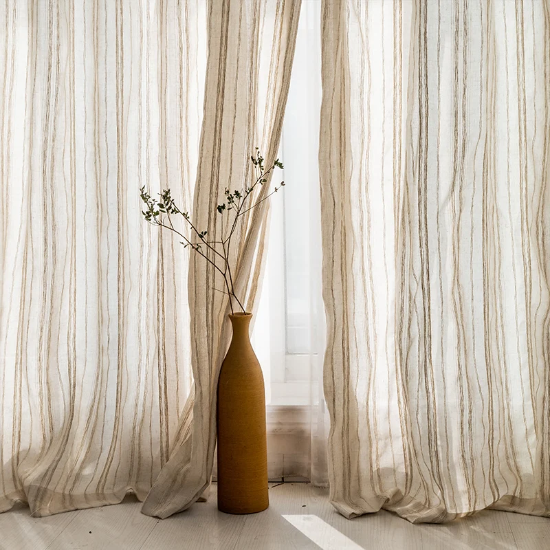 Rural Solid Linen Color Sheer Curtains for Living Room Bedroom Vintage Natural Cotton Flax Gauze Striped Window Drapes Home Deco