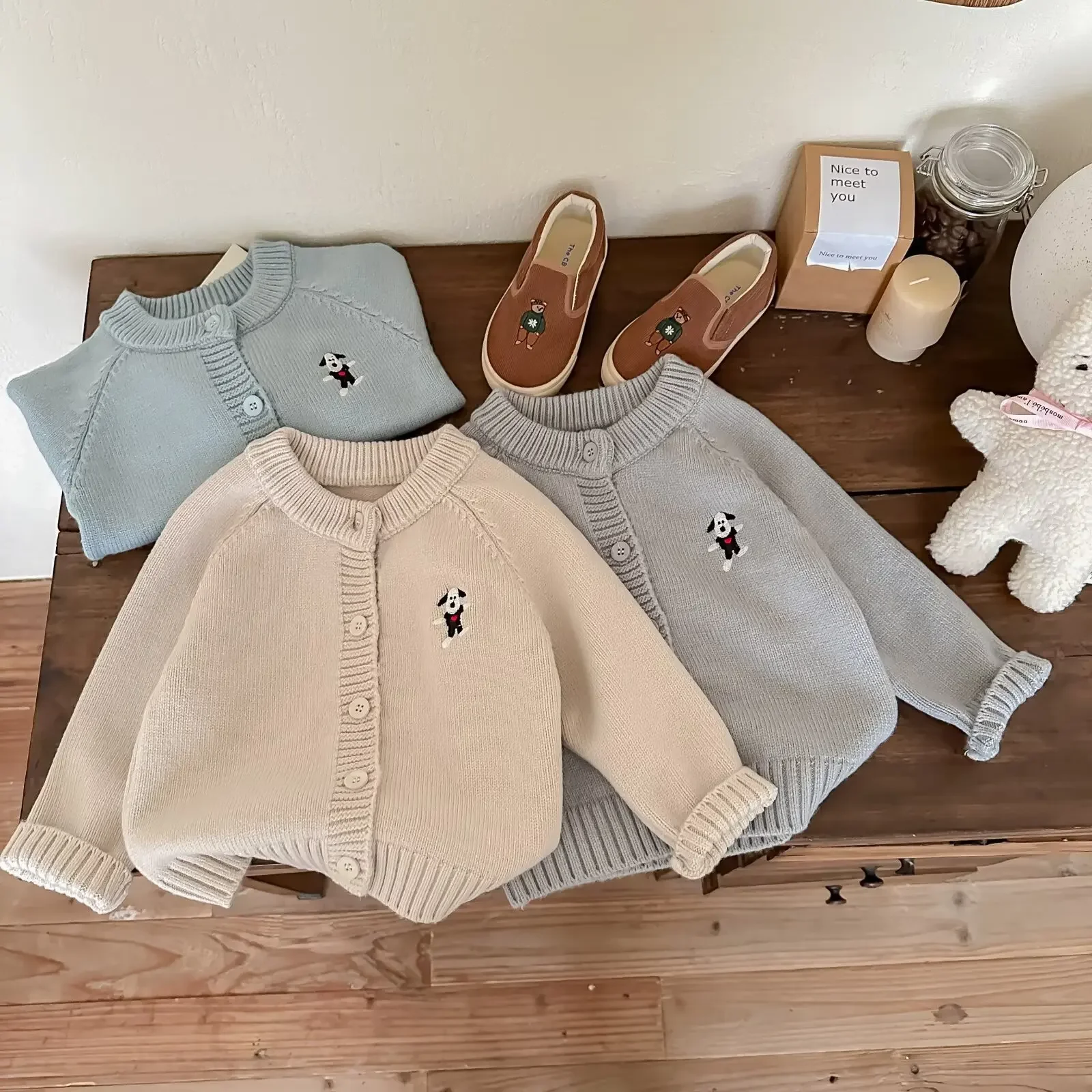 

​ ​ Осень-зима 2024, детский кардиган в корейском стиле, утолщенный модный пуловер с вышивкой собаки, пальто унисекс, свитер для мальчиков и девочек