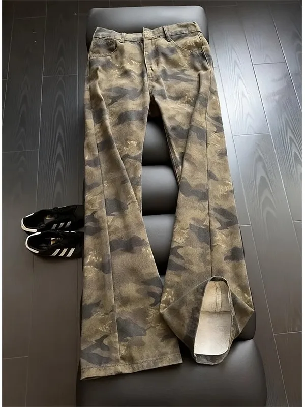 

American Retro Camouflage Knife Jeans Men's Trendy Brand Waed High-End Feeling Micro Flare Pants Slim Straight Long Pants
