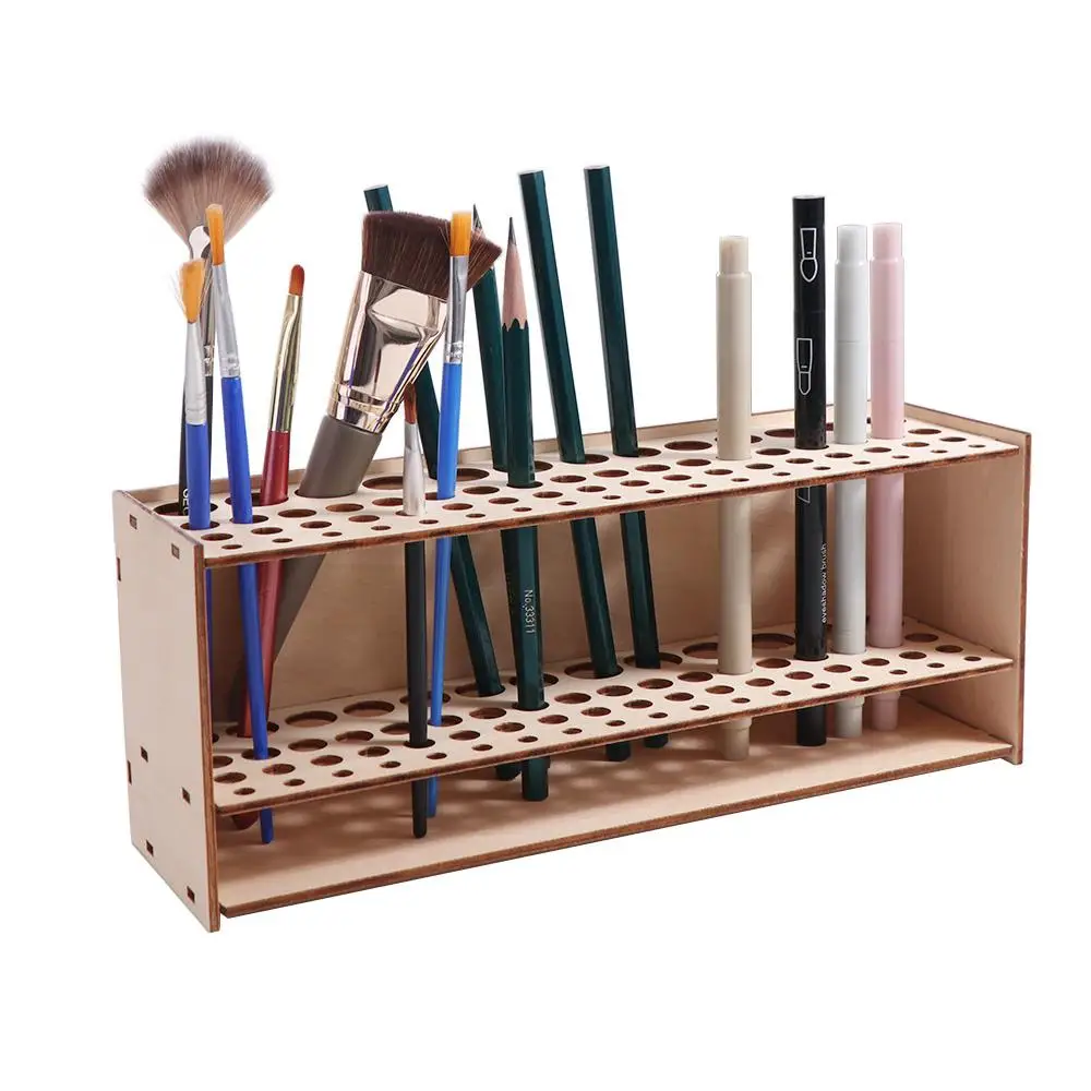 Wooden Frame Paint Brush Holder Household 67 Holes Watercolor Brush Rack Detachable Large Capacity Cosmetic Brushes Shelf