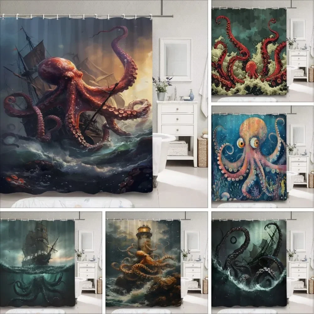 

Ужас Морской Монстр Осьминог Занавеска Для Душа Темный Парусник Океан Винтаж Пиратский Корабль Волна Полиэстер Шторы Для Душа Декор Для Ванной Комнаты