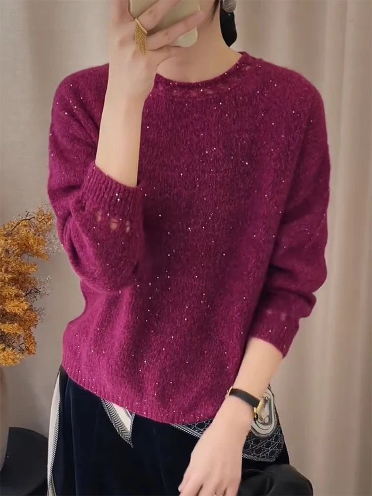 

Корейский свитер с круглым вырезом и пайетками, утягивающий топ, модный, больших размеров, осенне-зимняя новинка, теплый, с длинными рукавами