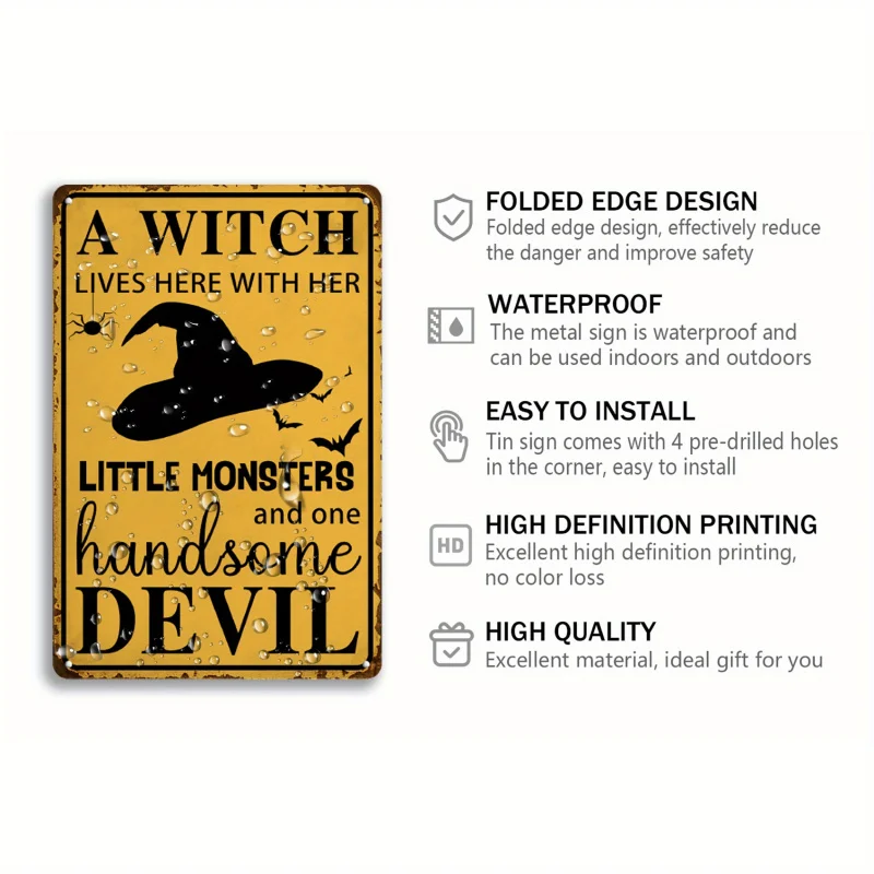 يعيش هنا ساحرة فتحة مع وحوشها الصغيرة والشيطان الوسيم - لافتة القصدير الريفية للهالوين - ديكورات الحائط #3