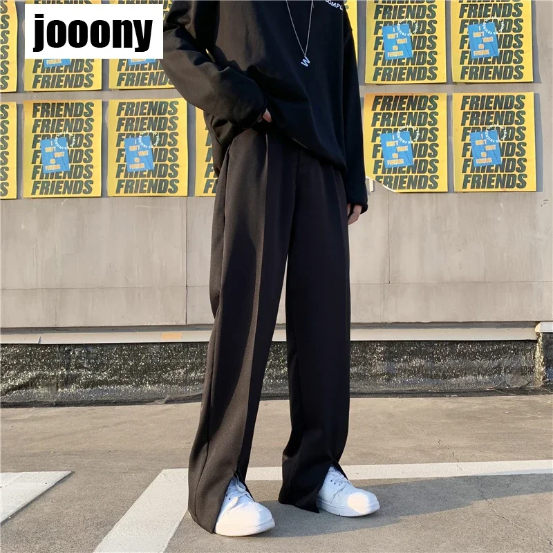 ربيع صيف جديد بلون عادية سبليت Pantssuit بنطال ذو قصة أرجل واسعة رجالي ترهل مستقيم أنبوب السراويل فضفاضة بسيطة التنقل الرياح