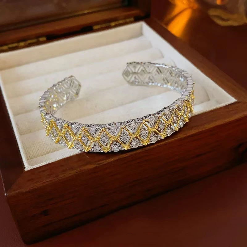 

Italian cloth qi style brushed craft woven micro inlaid bracelet high court style two-color ring ladies party gift