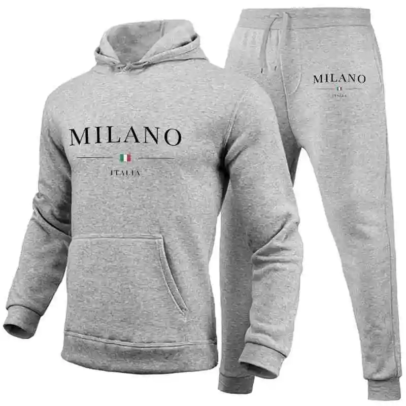 Men\'s Sports Hoodie Set Luxury Milan Print Sweatshirt Sweatpants Hooded Top Jogger Pants Casual Streetwear Sportswear