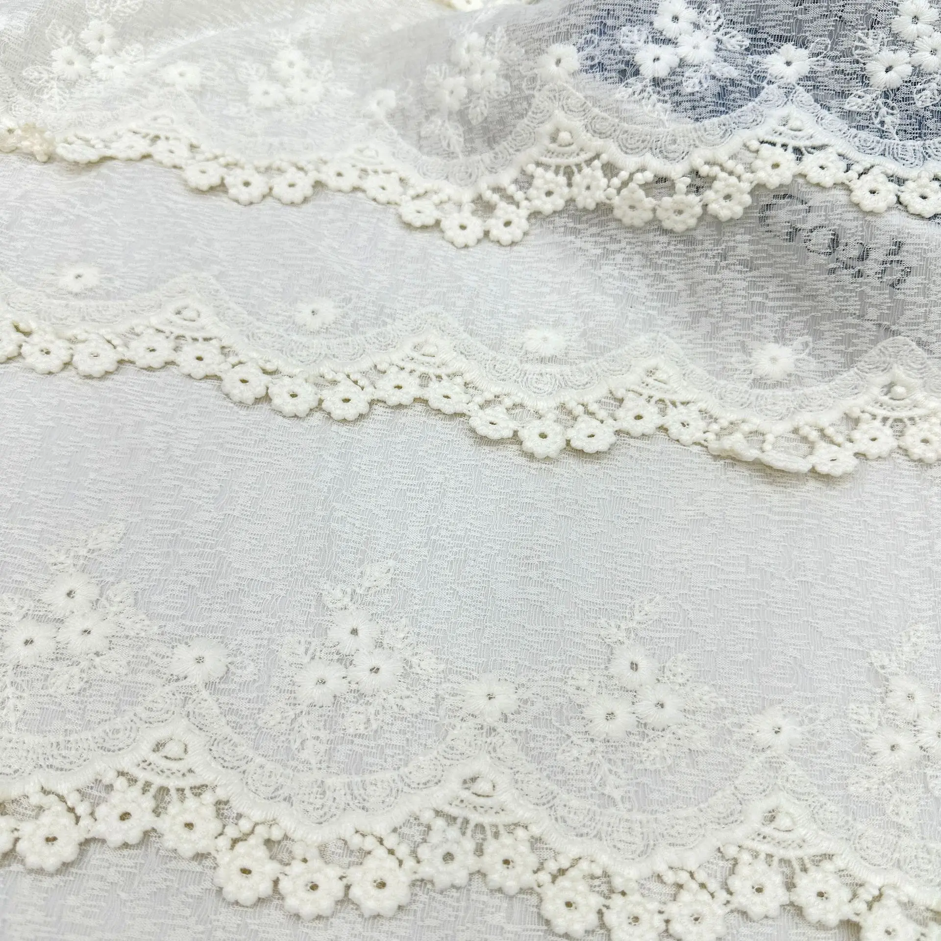 Multi-Layer Daisy Floral Lace Embroidery Fabric, Scalloped Wave Edge Sheer Mesh Cloth, Soft Hollow Textile for DIY Sewing