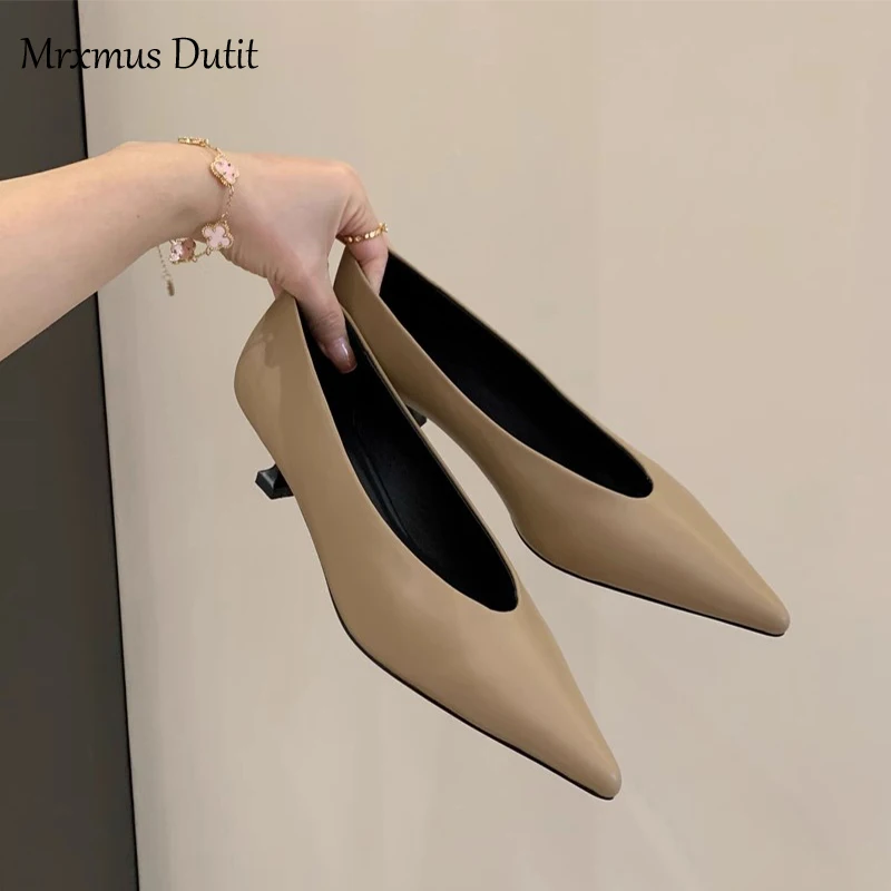 Mrxmus Dutit 2023 Spring Autumn Fashion Asakuchi Pointed Mid Heel Shoes Stiletto All-match Solid Color Simple Work Shoes Women