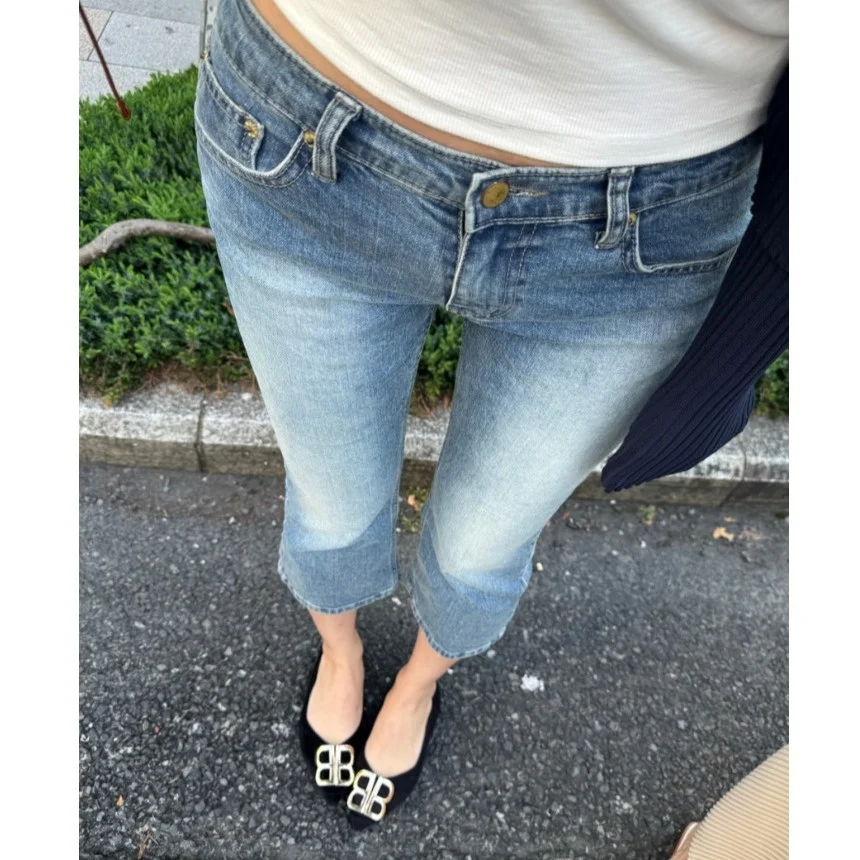 

High Waist Micro Elasticity Jeans Women's 7/8 Length Straight Leg Blue Cotton Casual Comfortable Non-Faded Washed Jeans