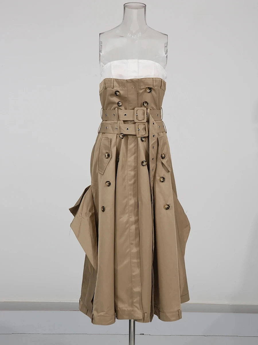 Spliced Button Slimming Dresses forWomen Strapless Sleeveless High Waist Temperament Dress Fashionchouveautés manteaux et vestes