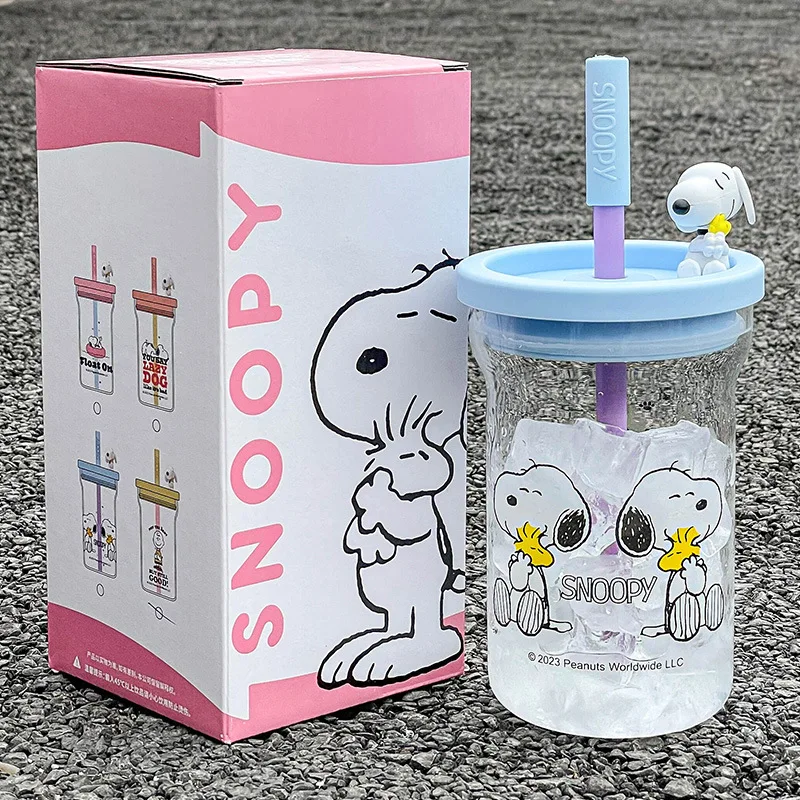 Anime Snoopy High Borosilicate Glass Water Cup Women's Office Straw Cup Cute Portable High Temperature Resistant Cup with Scale