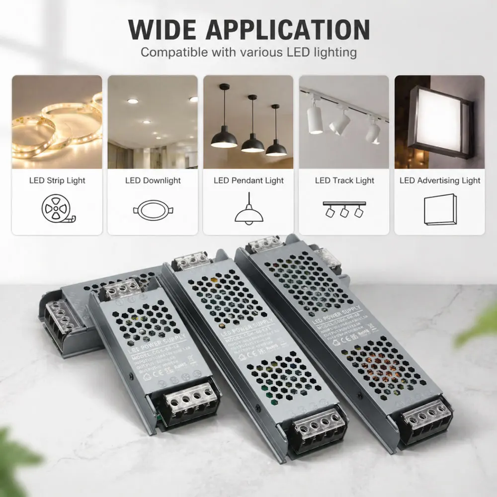 Ultra-Thin Switching Power Supply 25W 36W 60W 100W 200W 300W 400W Lighting Transformer AC220V to 12V 24V 48VSilent Power Adapter