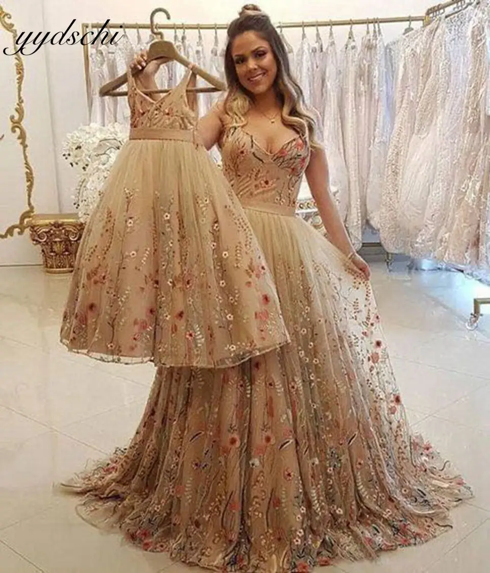 

Champagne Mother And Daughter Prom Dresses For Weddings Evening Dresses 2022 Spaghetti Straps Formal Party Night Vestidos Largos