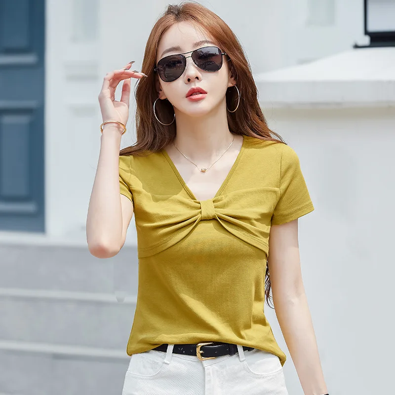 #0413 Slim Short Sleeve T Shirt Women Solid Color V-neck Wrap Short Tshirt Female Sexy Streetwear Tee Cotton 95% Split Joint