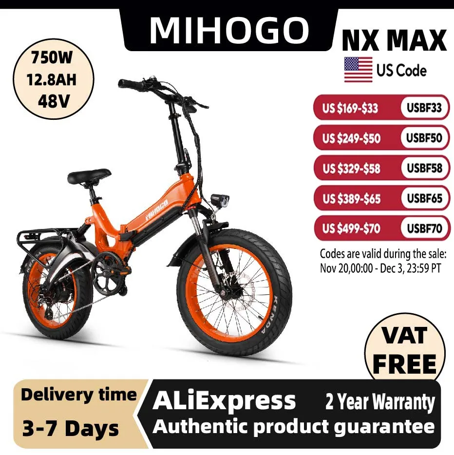 

MIHOGO NX Adult Electric Bicycle, 750W city ebike, 48V 12.8AH E-bike, 20-Fat Tire Foldable Electric Bike