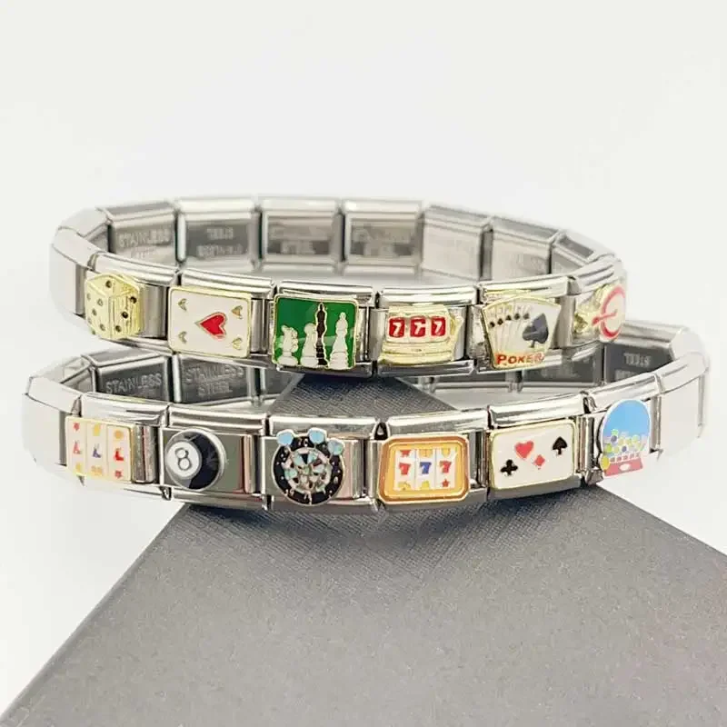 Bracciale con ciondoli italiano in acciaio inossidabile con giunture del modulo da 9 mm, parti fai da te, carte di scacchi fresche, ricreazioni per