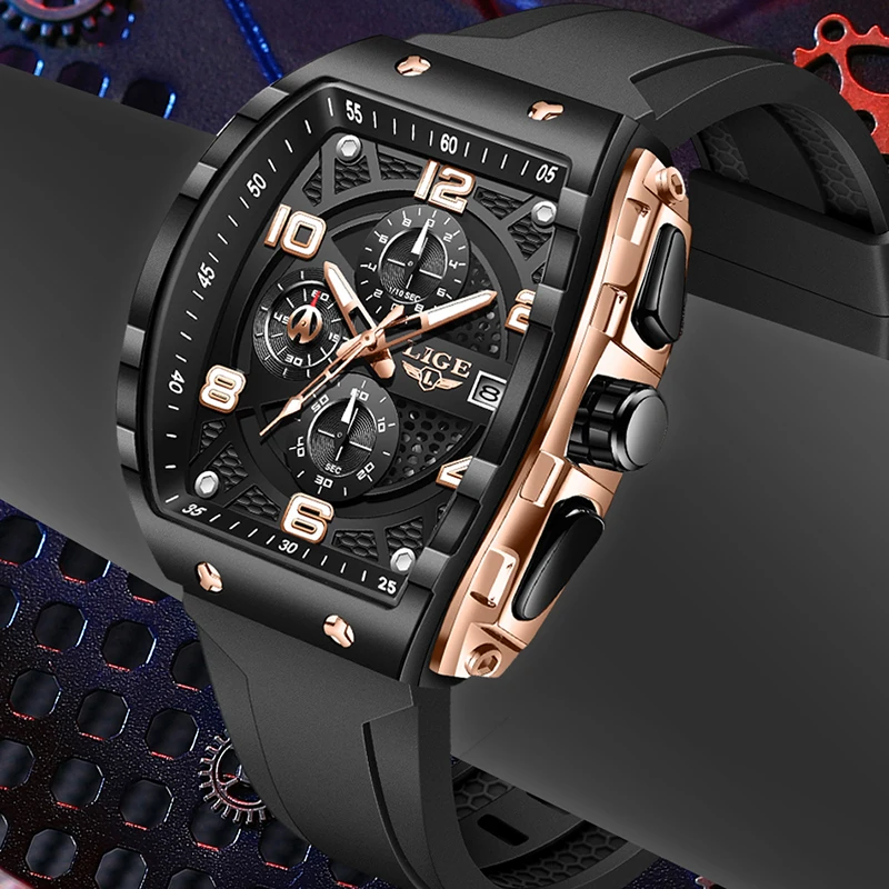 

LIGE Business Watch Men Top Brand Luxury Mens Watches Casual Silicone Waterproof Square Quartz Chronograph Wrist Watch For Men