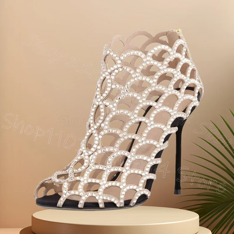 

Beige Rhinestone Hollow Design Peep Toe Sandals Back Zipper Women Shoes Thin High Heels Party Banquet 2026 Zapatos Para Mujere