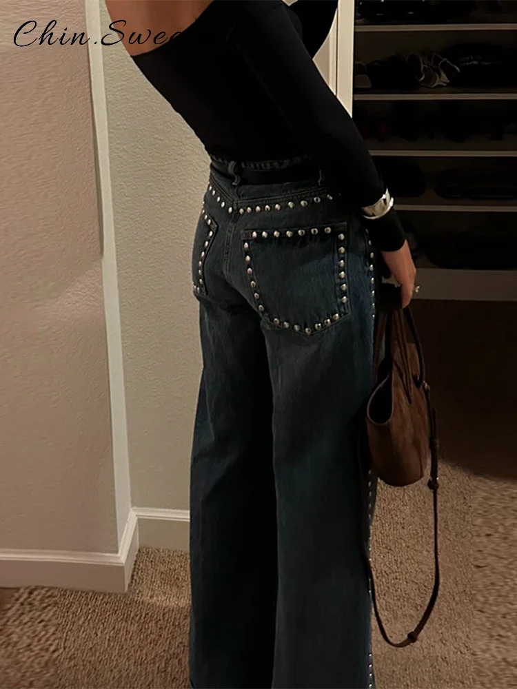Mode Perlen Bodenlangen Gerade Denim Hosen Frauen Lose Zipper Taschen Hohe Taille Jeans 2025, Herbst Winter Dame Streetwear