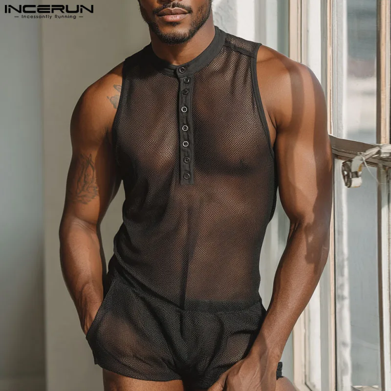 Incerun masculino bodysuits malha cor sólida ver através sexy o-pescoço sem mangas macacão verão 2025 playsuits moda masculina bodysuit